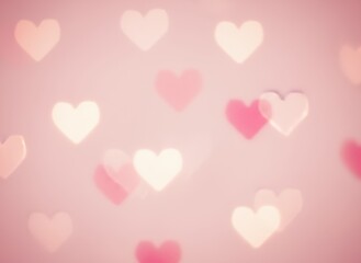 Soft pink background filled with dreamy blurred white and pink heart-shaped bokeh lights.