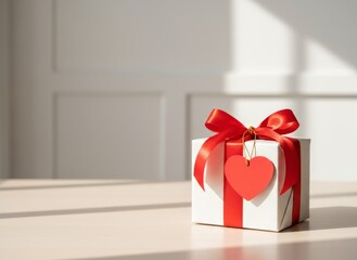 White gift box tied with a bright red ribbon and a small heart tag in a sunny room.