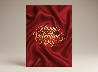 Elegant Happy Valentine's Day greeting card placed on luxurious wavy red silk fabric.