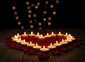 Small tea light candles arranged in a heart shape on a dark background with golden bokeh.