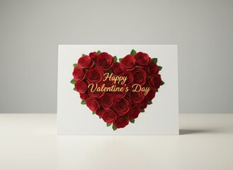 Greeting card featuring a lush bouquet of red roses arranged in a perfect heart shape.