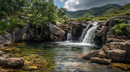 Scenic waterfall cascading into a clear pool surrounded by natural rocks and trees