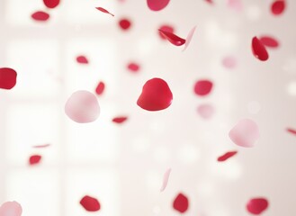 Dynamic shot of many red and pink rose petals falling through the air with a soft bokeh effect.
