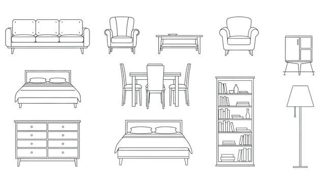 Line art illustration of furniture including sofas chairs beds tables and storage units