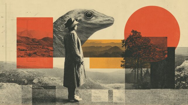Mysterious alien collage image with woman and lizard head, retro style. Graphic art for abstract concept, book cover