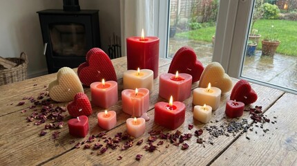 Red heart-shaped candles burning on a rustic wooden surface.