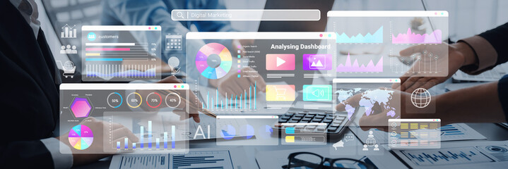 Colorful data dashboards with graphs, charts, and marketing metrics representing online campaign performance and business intelligence Parse