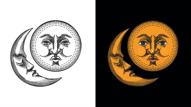 Full and crescent moon with faces as symbols of mystery and secret. also as Mason and illuminate symbol. Old looking hand drawn engraving.