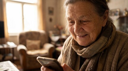 Happy elderly woman holding smartphone indoors. Smiling senior lady reading message or video calling in cozy room. Concept of technology adoption, connection and communication for aged.