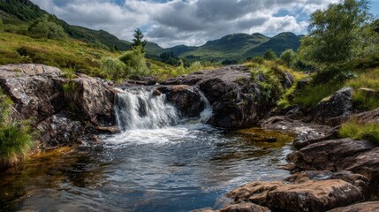 Scenic waterfall cascading into a clear stream surrounded by lush green landscape