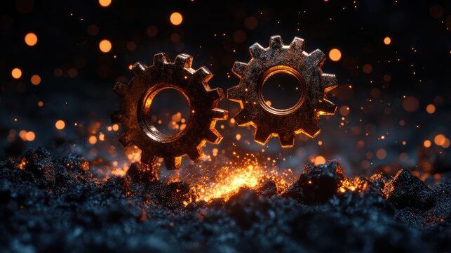 Rust programming language concept with rusty gears emerging from the dark, symbolizing innovation and strength in software development.