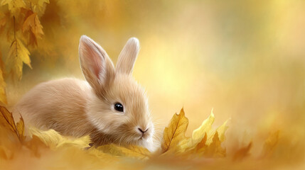 Young rabbit resting on golden autumn leaves