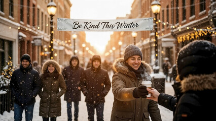Crowded winter street scene with people. One offers coffee, spreading Be Kind This Winter message in busy winter street scene. Community winter street scene for seasonal marketing.