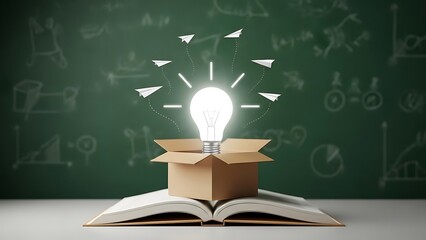 Lightbulb emerging from cardboard box on open book with paper airplanes and chalkboard background