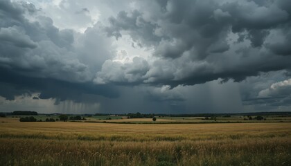 Storm clouds gathering over open countryside fields creating dramatic and moody rural landscape scene
