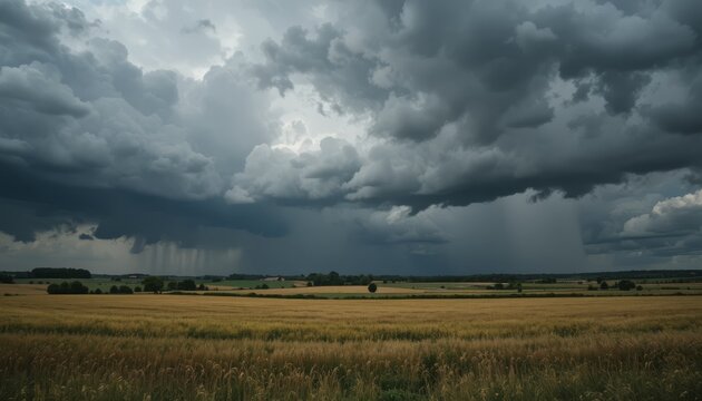 Storm clouds gathering over open countryside fields creating dramatic and moody rural landscape scene - Powered by Adobe