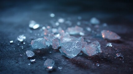 Close-up of a group of small, irregularly shaped crystals scattered on a dark, textured surface. the crystals appear to be of different sizes and shapes, with some being larger and some being smaller.