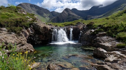 Scenic waterfall cascading over rocks with lush greenery and towering mountains