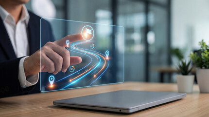 Businessman interacting with futuristic transparent screen in modern office setting with laptop and plants