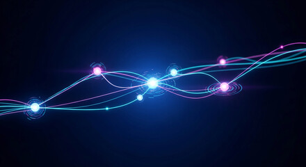 Abstract image of glowing blue and pink lines forming waves with luminous orbs, symbolizing connection, technology, and network flow, ideal for tech or digital concepts