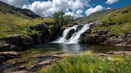 Scenic waterfall cascading into a clear pool surrounded by green hills and nature