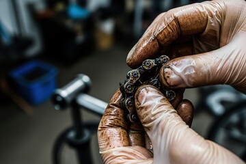 Gloves protect hands while inspecting a grimy bike chain, focus on the dirty drivetrain component and expert's careful touch