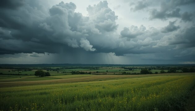 A dramatic and melancholic rural landscape view is created as storm clouds collect over open fields.