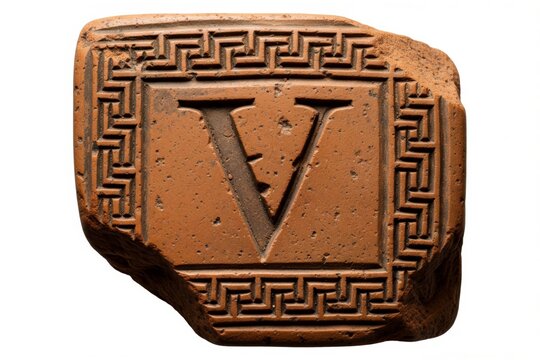 Ancient Roman pottery shard featuring a prominent Roman numeral 5 and intricate meander border, isolated on a clean white background, evoking history and antiquity