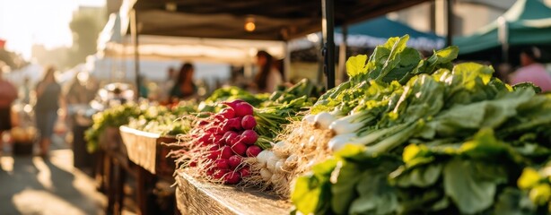 The Radish Display at a Sunny Farmers Market Stall with Fresh Greens