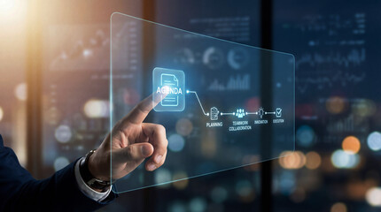 A futuristic interface with a hand interacting with a transparent screen displaying a blue icon and various data visualizations