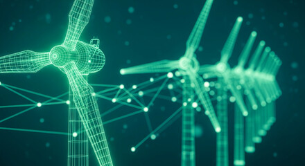 Wireframe model of wind turbines, glowing teal green, interconnected by a network, symbolizing clean energy, renewable resources, and technological advancement