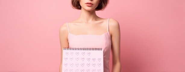 The Woman Holding a Heart Doodle Notebook Against a Pink Background