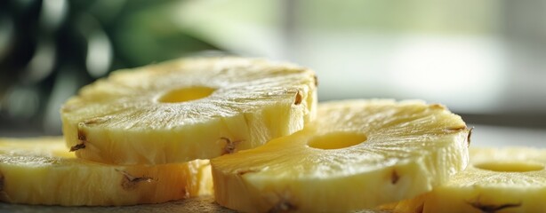 The Pineapple Slices Stacked on Wooden Board with Soft Natural Window Light