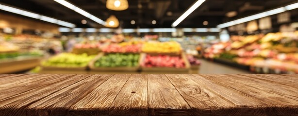 The Wooden Tabletop in Focus with Blurred Supermarket Produce Display Behind