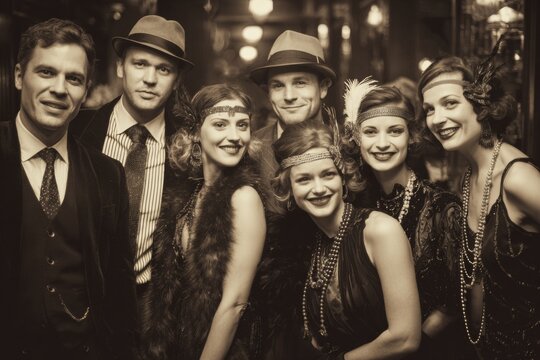Joyful Group of Flapper Girls and Gentlemen Enjoying a Speakeasy During the Roaring Twenties Jazz Age