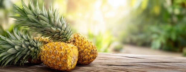The Pineapples on Rustic Wooden Table with Sunlit Tropical Background and Fresh Texture