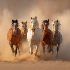 Fototapeta premium Horses Gallop Through the Desert Landscape Kicking up Dust at Sunset Showcasing Their Unique Colors and Patterns While Running Fast