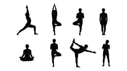 silhouettes of people performing various yoga poses against a stark white background