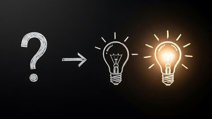 Question mark next to lightbulbs on black background white glowing lightbulb