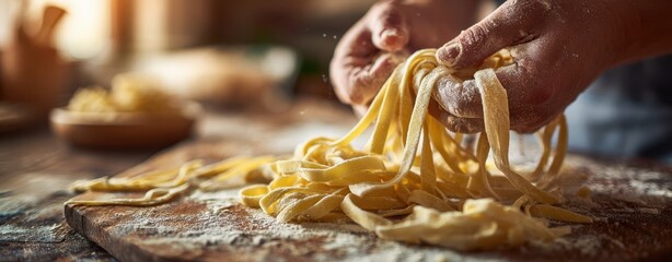 The Pasta Hand Twisted into Fresh Fettuccine on a Floured Wooden Board