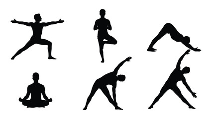 Obraz premium silhouettes of people demonstrating various yoga poses and stretching exercises in black and white