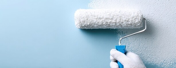 The paint roller applying fresh white paint on a pale blue wall