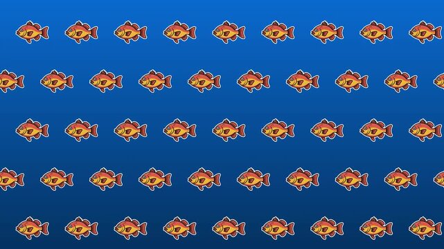 Animated Fish Sticker Pattern &ndash; Seamless Looping Background with Cute Cartoon Fish Icons on Blue Ocean Gradient Design