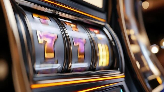 Close up of slot machine reels with triple sevens lining up in a winning combination, signaling a major jackpot victory amidst the dazzling lights of a bustling casino