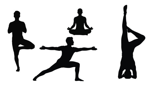 silhouettes depicting various yoga poses including warrior lotus tree and handstand forms