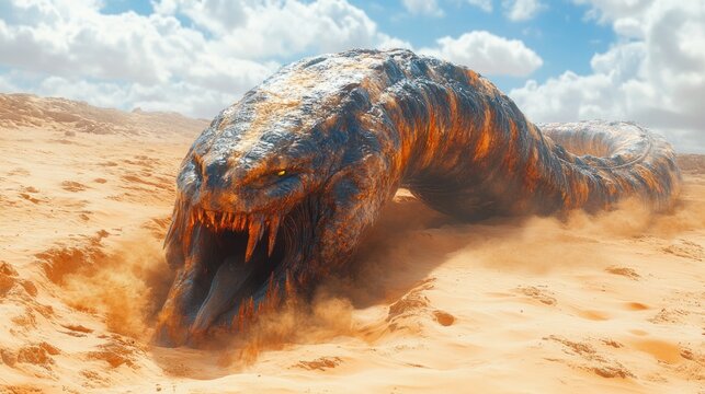 Sand worm monster in the raising up from desert dunes