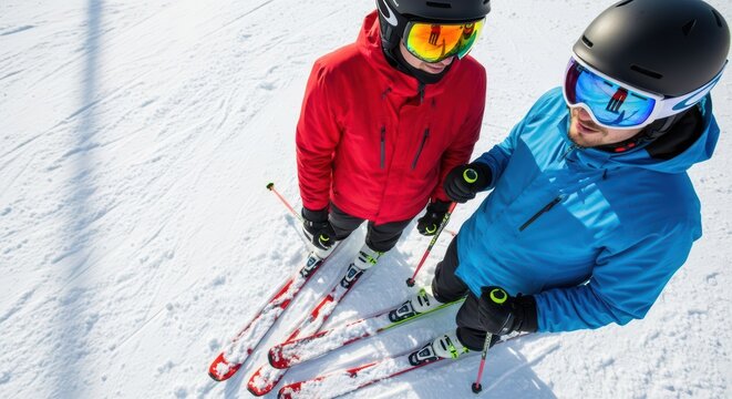 Two caucasian male skiers in red and blue jackets stand on snowy alpine slope wearing helmets and mirrored goggles with skis and poles on bright winter resort background, concept of winter sports frie