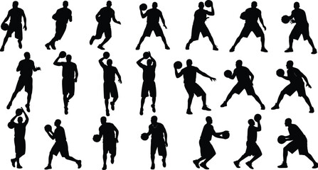 Obraz premium Basketball player silhouette collection showing dribbling, passing, shooting, and dynamic movement poses, professional athletes in action isolated on white background for sports design