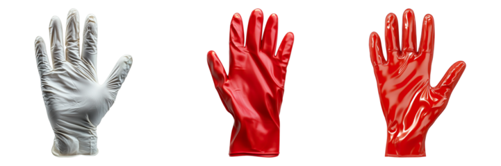 Three colorful gloves side by side in studio, are clean and shiny. One glove is white, while the other two gloves are red. These are used to protect your hands.