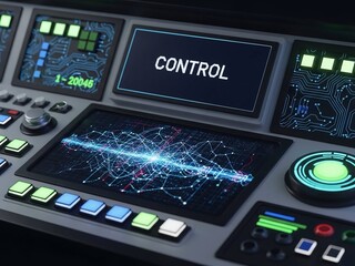 futuristic control panel with digital screens and glowing buttons for tech blogs, science fiction websites, cyber security presentations and industrial automation concepts, bokeh